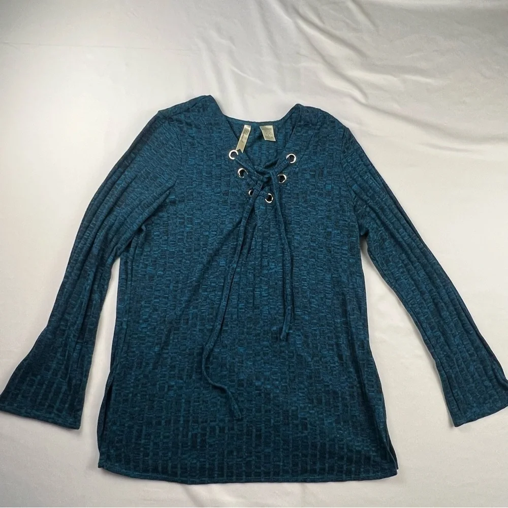 Chenault - Women’s Lightweight Sweater - M - Med Blue -Criss Cross Front -V Neck